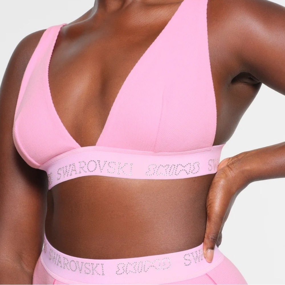 Skims x Swarovski Cotton Rib Plunge Crystal Bralette Bubble Gum Pink 2X NEW